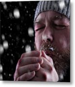 Freezing Cold Man In Snow Storm Metal Print