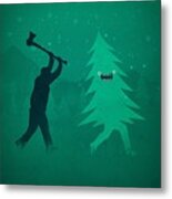 Funny Cartoon Christmas Tree Is Chased By Lumberjack Run Forrest Run Metal Print