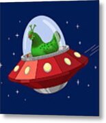 Funny Green Alien Martian Chicken In Flying Saucer Metal Print