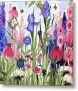 Garden Cottage Iris And Hollyhock Metal Print