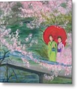 Geishas And Cherry Blossom Metal Print