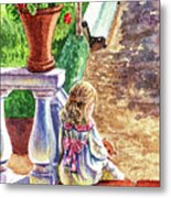 Girl In The Garden With Teddy Bear Metal Print