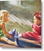 Girls Playing Ball Metal Print