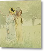 Girls Strolling In An Orchard Metal Print