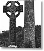 Glendalough Irish Round Tower Beside Celtic High Cross County Wicklow Ireland Black And White Metal Print