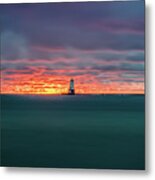 Glowing Sunset On Lake With Lighthouse Metal Print