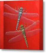 Gold And Silver Dragonflies On Red Canvas Metal Print