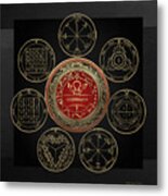 Gold Seal Of Solomon Over Seven Pentacles Of Saturn On Black Canvas Metal Print