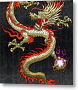 Golden Chinese Dragon Fucanglong On Black Silk Metal Print