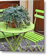 Green Chairs And Table With Plant In Pot Metal Print