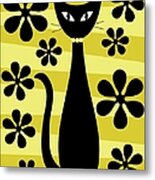 Groovy Flowers With Cat Yellow And Light Yellow Metal Print