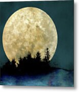 Harvest Moon And Tree Silhouettes Metal Print