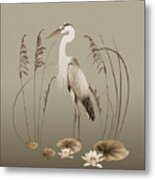 Heron And Lotus Flowers Metal Print