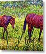 Horses In Tranquil Field Metal Print