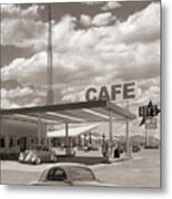 Hot Rods At Roy's Gas Station Sepia Metal Print