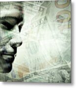 Human Man Face And Dollars Double Exposure. Metal Print