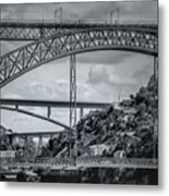 Iconic Bridges Of Porto In Black And White Metal Print