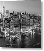Illuminated Lower Manhattan Nyc Bw Metal Print