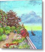 Illustrated Beach Cottage Water's Edge Metal Print