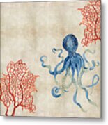 Indigo Ocean - Octopus Floating Amid Red Fan Coral Metal Print