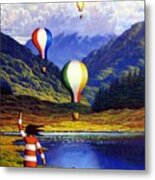 Irish Landscape With Girl And Balloons By Lake Metal Print