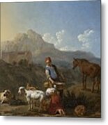 Italian Landscape With Girl Milking A Goat Metal Print