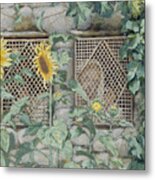 Jesus Looking Through A Lattice With Sunflowers Metal Print