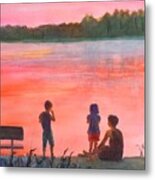 Lake Sunset With Family Metal Print