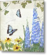Le Petit Jardin 1 - Garden Floral W Butterflies, Dragonflies, Daisies And Delphinium Metal Print