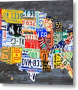 License Plate Map Of The Usa On Gray Distressed Wood Boards Metal Print