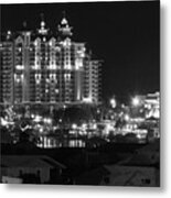 Lights Of Destin Florida Entertainment District At Night Black And White Metal Print