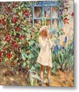Little Girl With Roses Metal Print