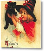 Little Witch Girl With Black Cat Metal Print