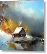 Lodge In The Winter Forest Metal Print