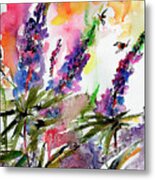 Lupines And Bees Flower Watercolor Metal Print