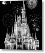 Magic Kingdom Castle In Black And White With Fireworks Walt Disney World Mp Metal Print