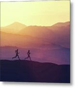 Man And Woman Running On A Hill In The Country Metal Print