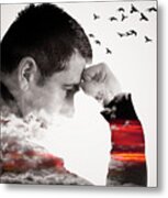 Man Thinking Double Exposure With Birds Metal Print