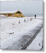 Man Walking In Snow Iceland Metal Print