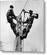 Men Working On Power Line, C.1930-40s Metal Print