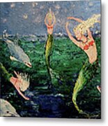 Mermaid Dance With Dolphins Metal Print