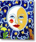 Moonface With Wolf And Stars Metal Print