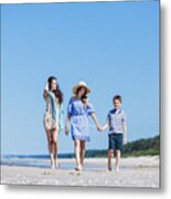 Mother And Her Two Children Walking On The Beach Metal Print