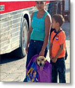 Mother Son And Dog In A Bag Metal Print