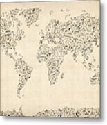 Music Notes Map Of The World Map Metal Print