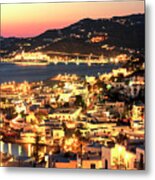 Mykonos Harbor Lights At Night Metal Print