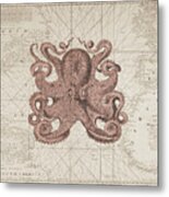 Nautical Octopus Sea Chart Metal Print