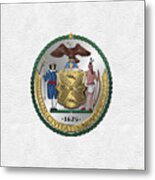 New York City Coat Of Arms - City Of New York Seal Over White Leather Metal Print