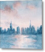New York City Skyline Coral And Aqua Metal Print