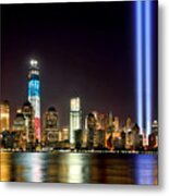 New York City Skyline Tribute In Lights And Lower Manhattan At Night Nyc Metal Print